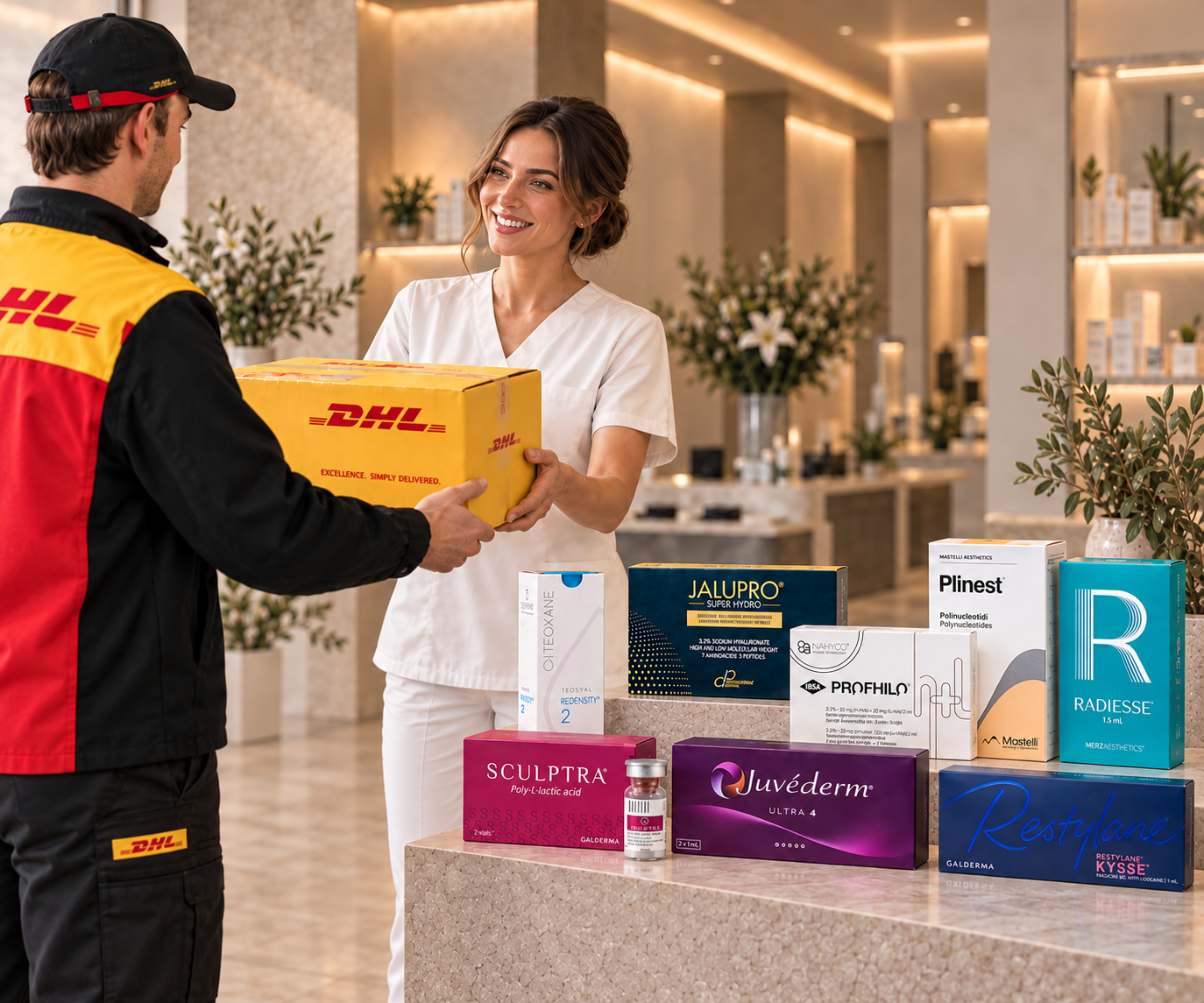 A DHL delivery arriving at a clinic, with aesthetic products on the counter