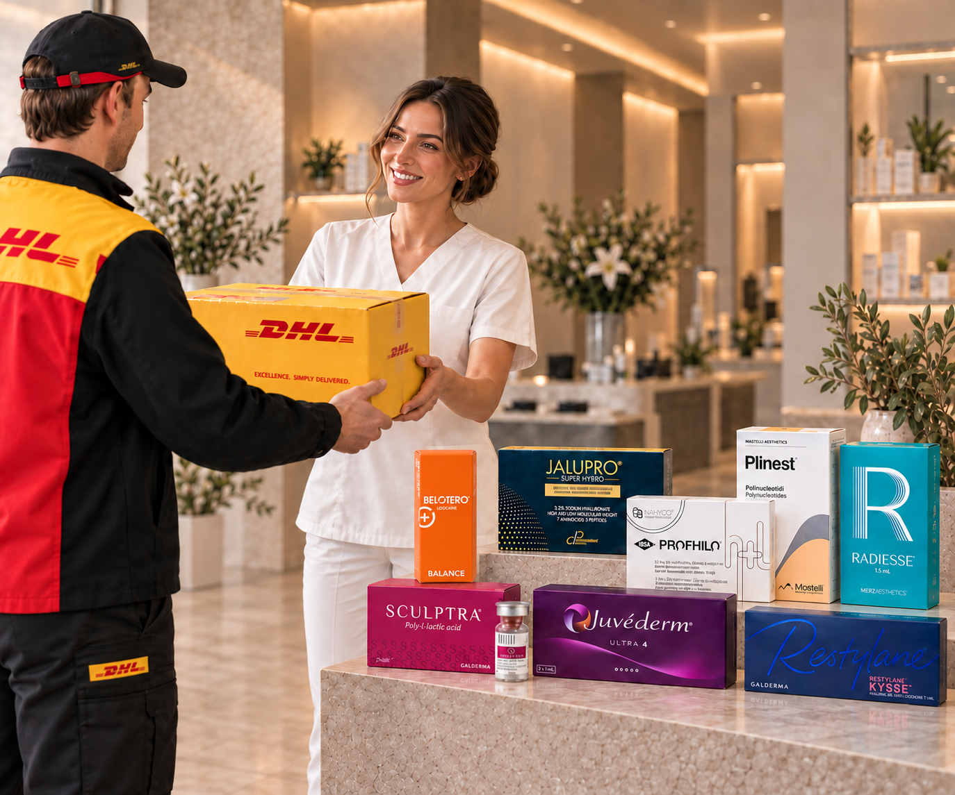 A DHL delivery arriving at a clinic, with aesthetic products on the counter